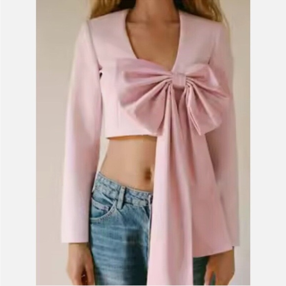 NWT Zara Cropped Blazer With Satin Bow in Chalk Pink Size XS - Picture 2 of 16
